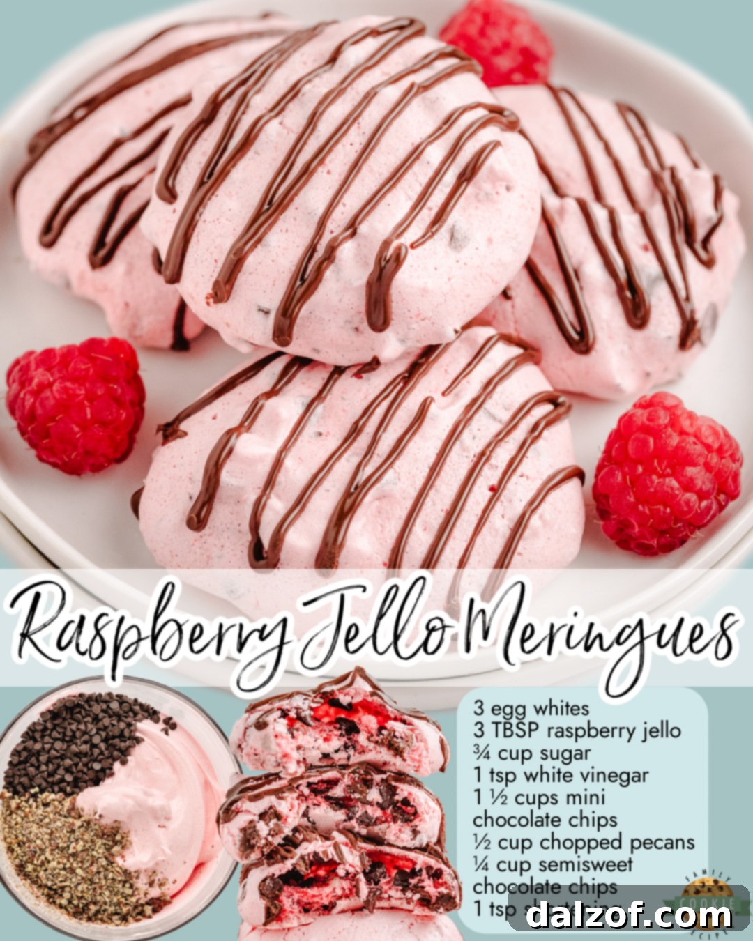 Raspberry Meringues made easy with Jell-O, egg whites, sugar, chocolate chips & pecans! Light & airy raspberry cookies with lovely flavor.