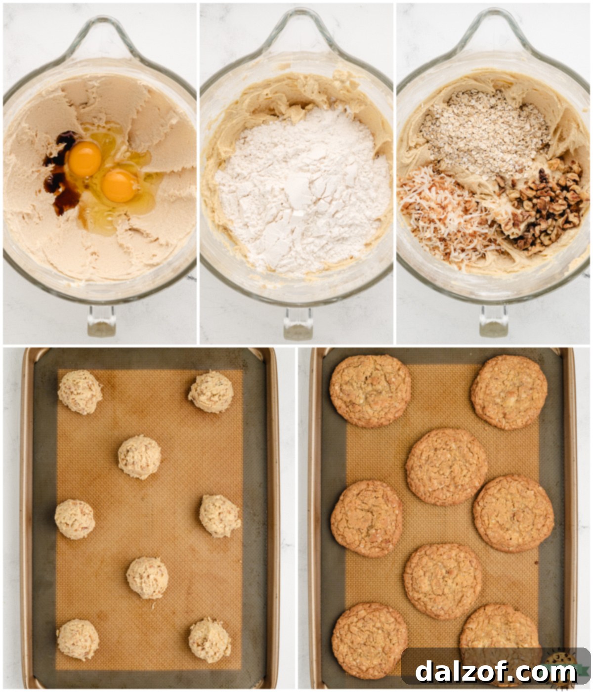 Step-by-step imagery showing the process of how to make toasted coconut and walnut cookies, highlighting ingredient mixing.