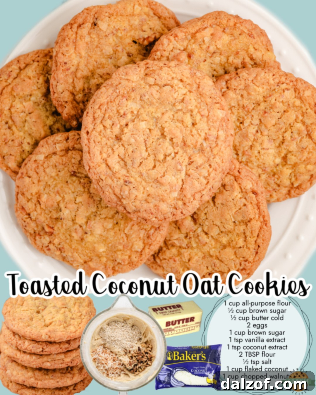 A vibrant, close-up image of a Toasted Coconut Cookie, highlighting its rich texture, golden-brown hue, and visible flakes of coconut and walnut pieces.