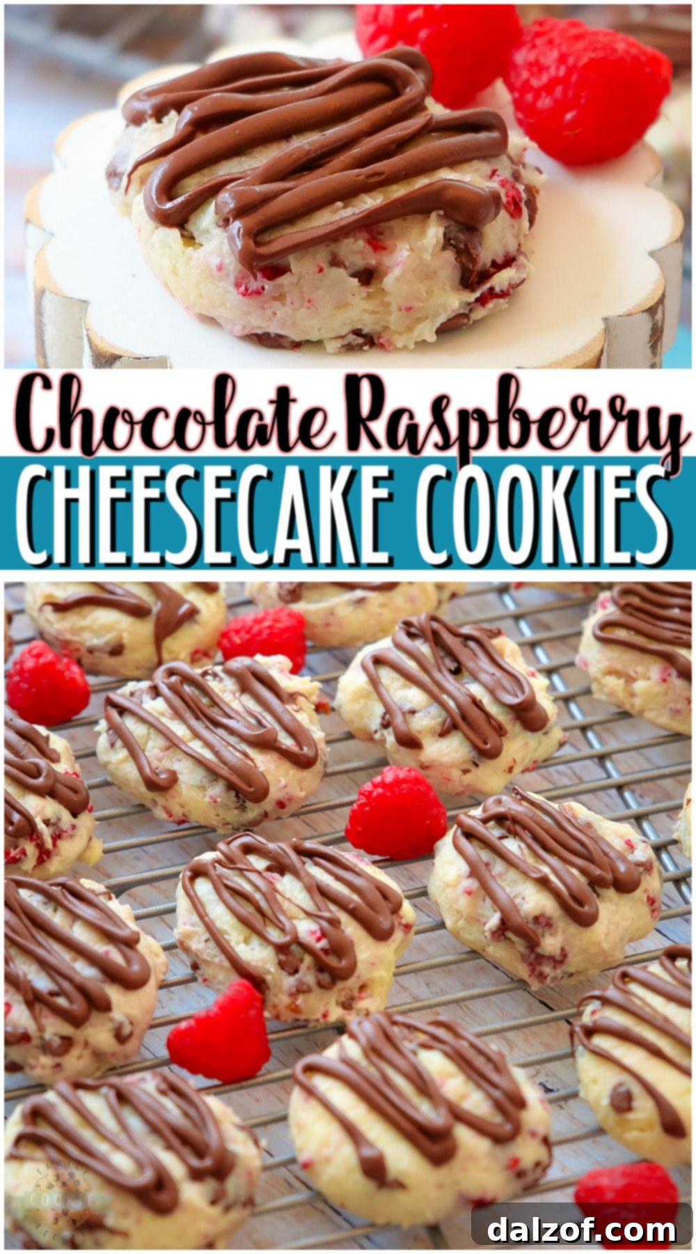 A stunning Pinterest-ready image of Chocolate Raspberry Cheesecake Cookies, perfect for sharing.