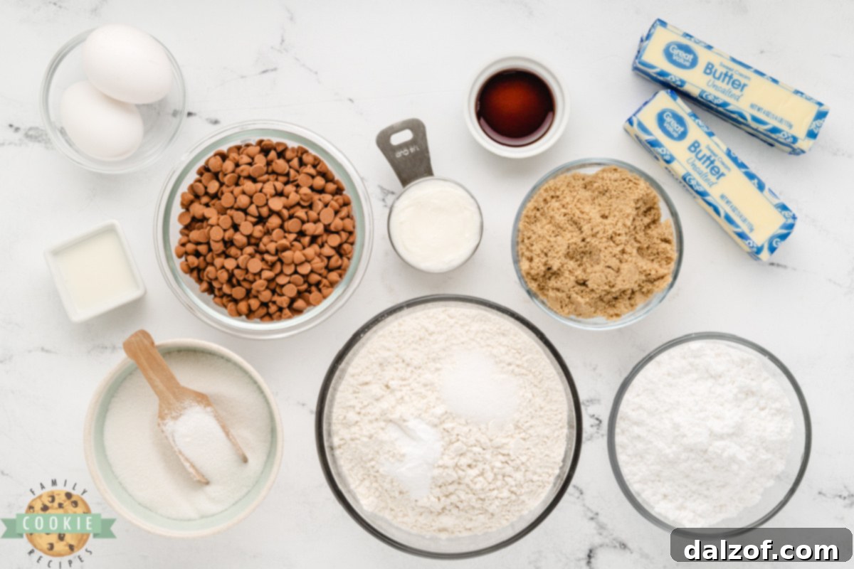 Essential ingredients for baking Iced Cinnamon Chip Cookies laid out on a rustic surface, including butter, sugars, eggs, flour, baking soda, salt, vanilla extract, and a bag of cinnamon chips.