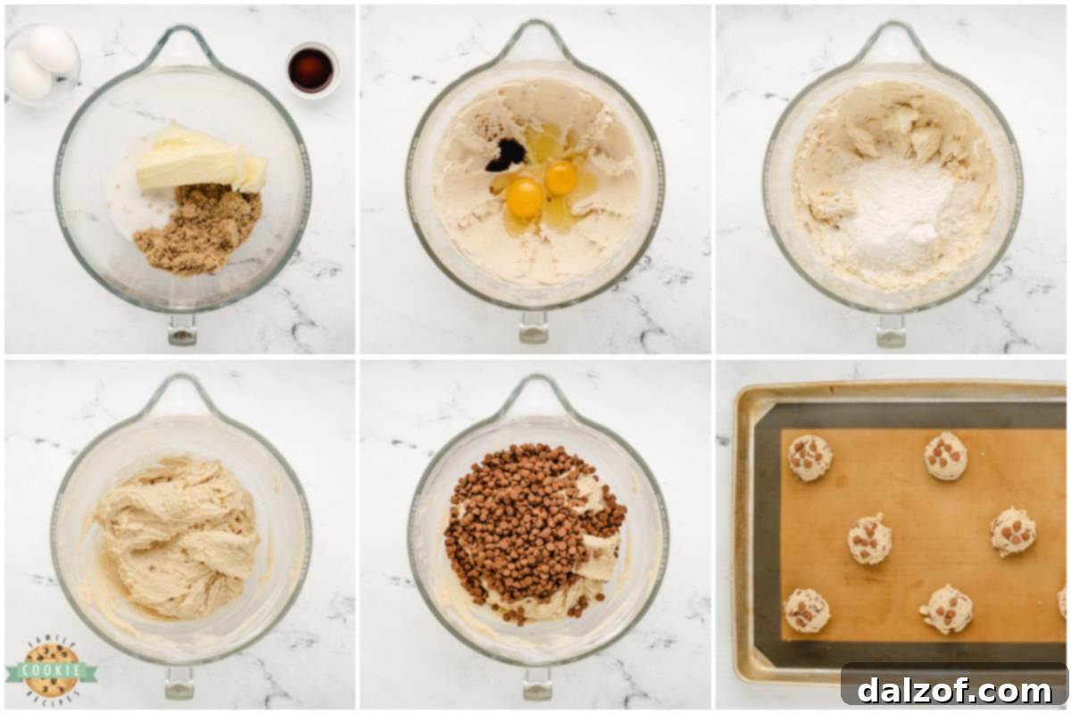 Step-by-step instructions showing the process of mixing dough, scooping cookies onto a baking sheet, and preparing the vanilla icing for Iced Cinnamon Chip Cookies.