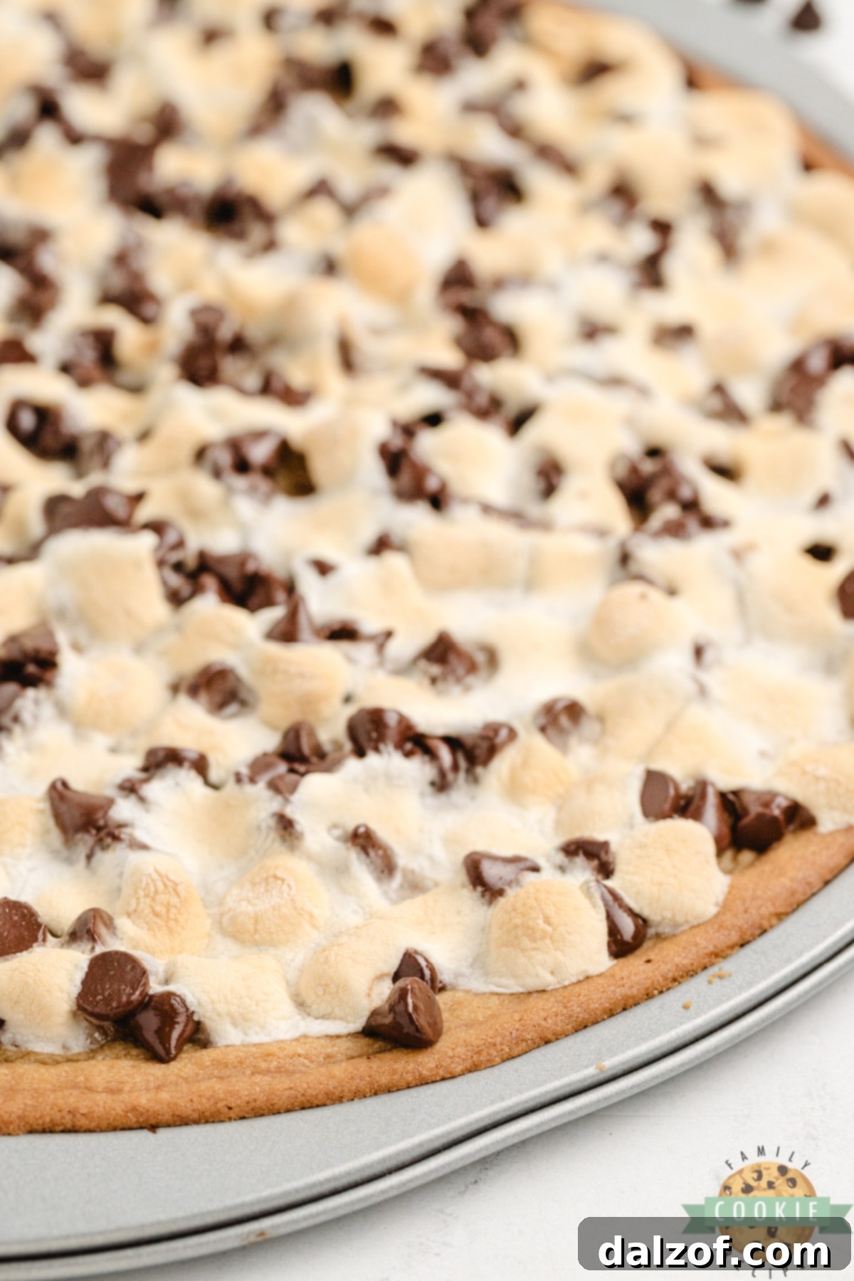 Peanut Butter Cookie Pizza is chewy, gooey, and loaded with marshmallows and chocolate. A fast, fun dessert everyone will love!