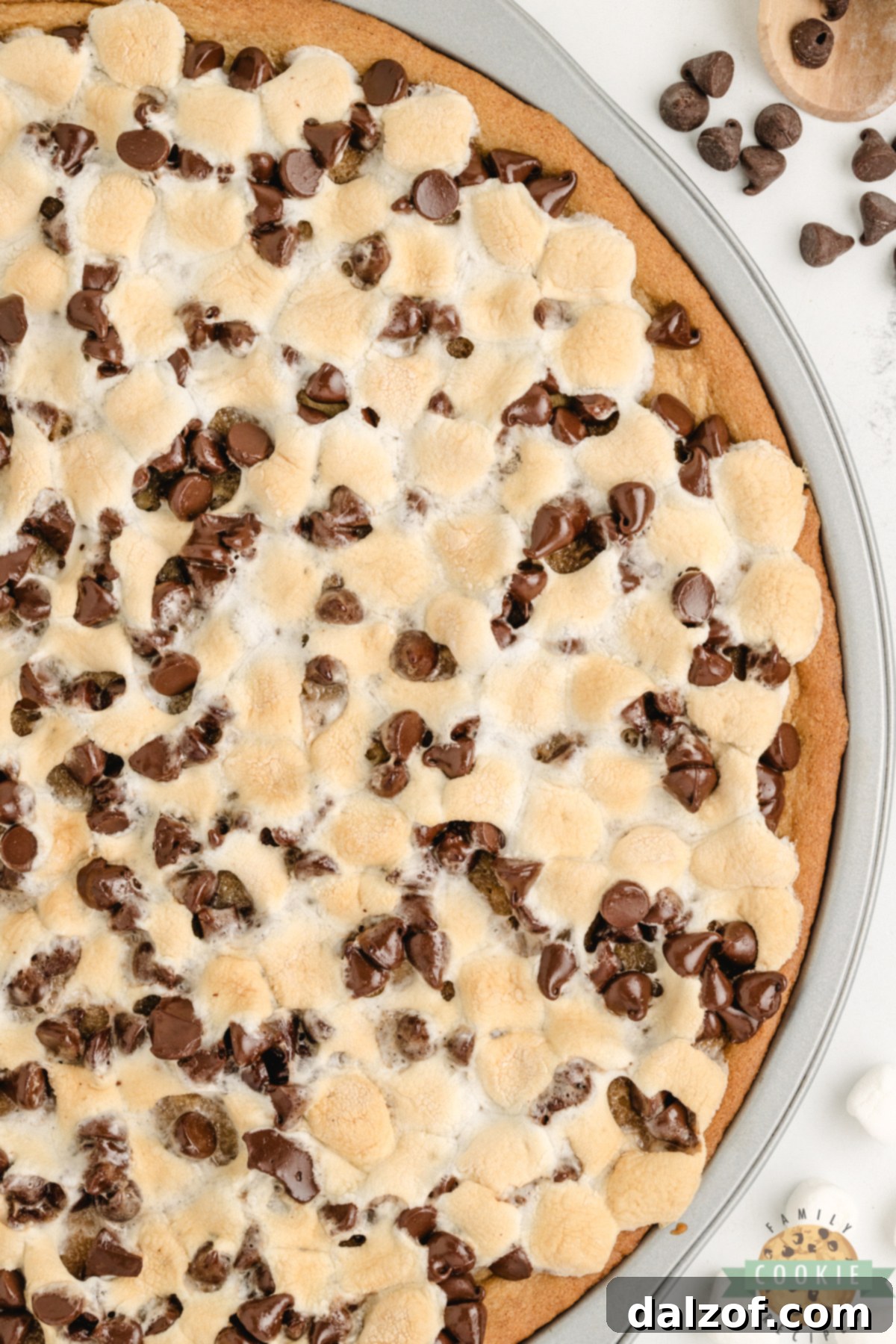 Peanut Butter Cookie Pizza is chewy, gooey, and loaded with marshmallows and chocolate. A fast, fun dessert everyone will love!