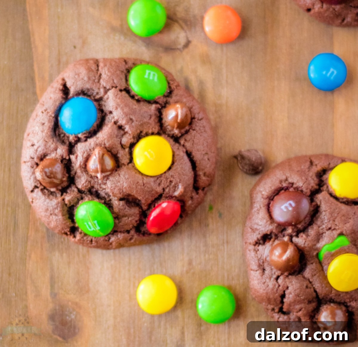 Deliciously soft and chewy chocolate M&M cookies on a cooling rack.