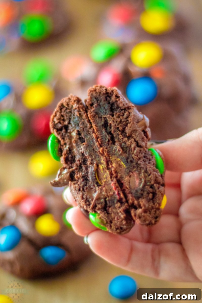 Close-up of baked chocolate M&M cookies with melted chocolate chips.