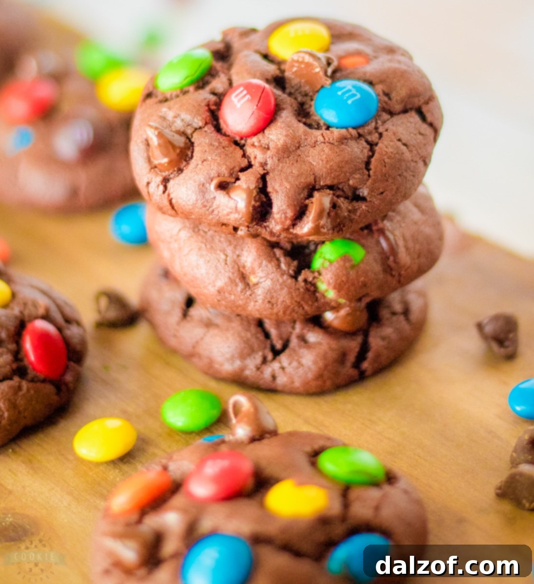 Freshly baked chocolate M&M cookies on a cooling rack.