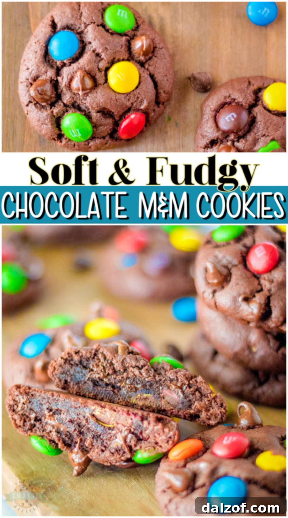 A stack of soft, chewy chocolate M&M cookies on a decorative plate.