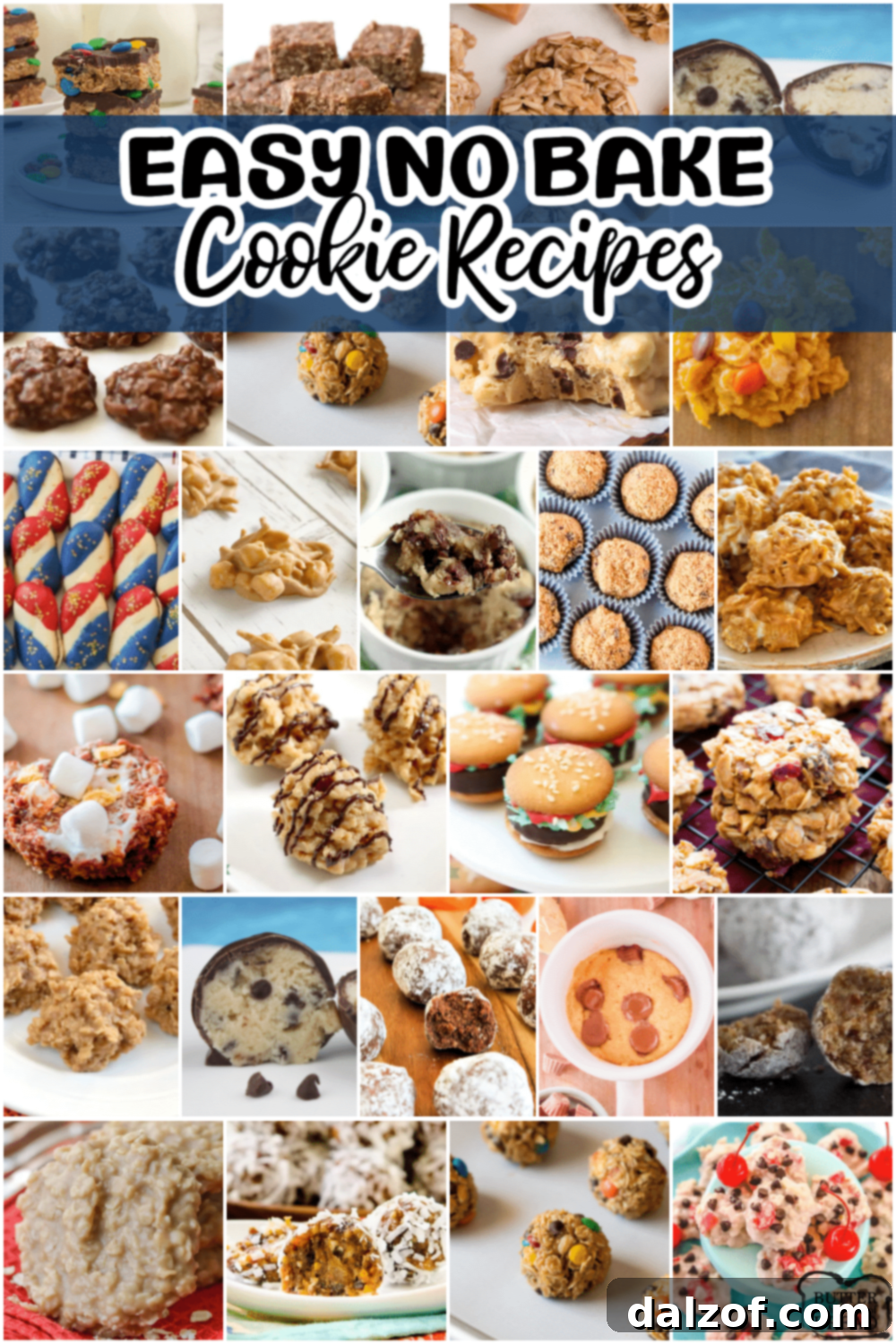 A vibrant collage of various delicious no-bake cookies, showcasing their diverse textures and colors.