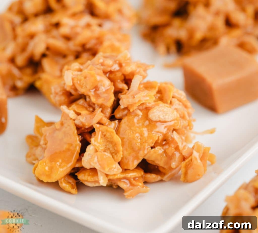 No bake caramel cookies, featuring a crunchy texture with cornflakes and rice krispies.