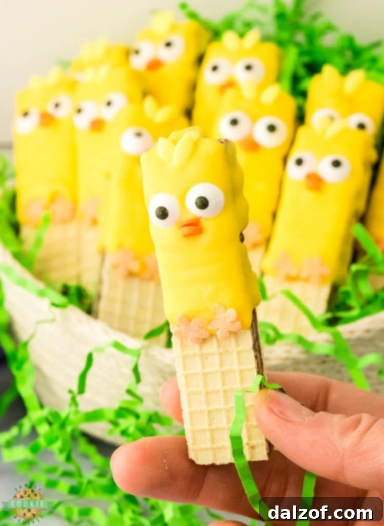 An adorable Easter chick cookie, made with no-bake methods, held gently.