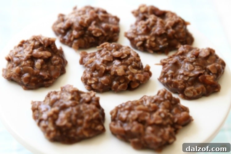 Close-up of classic chocolate oatmeal no-bake cookies with a rich, glossy finish, perfectly set.