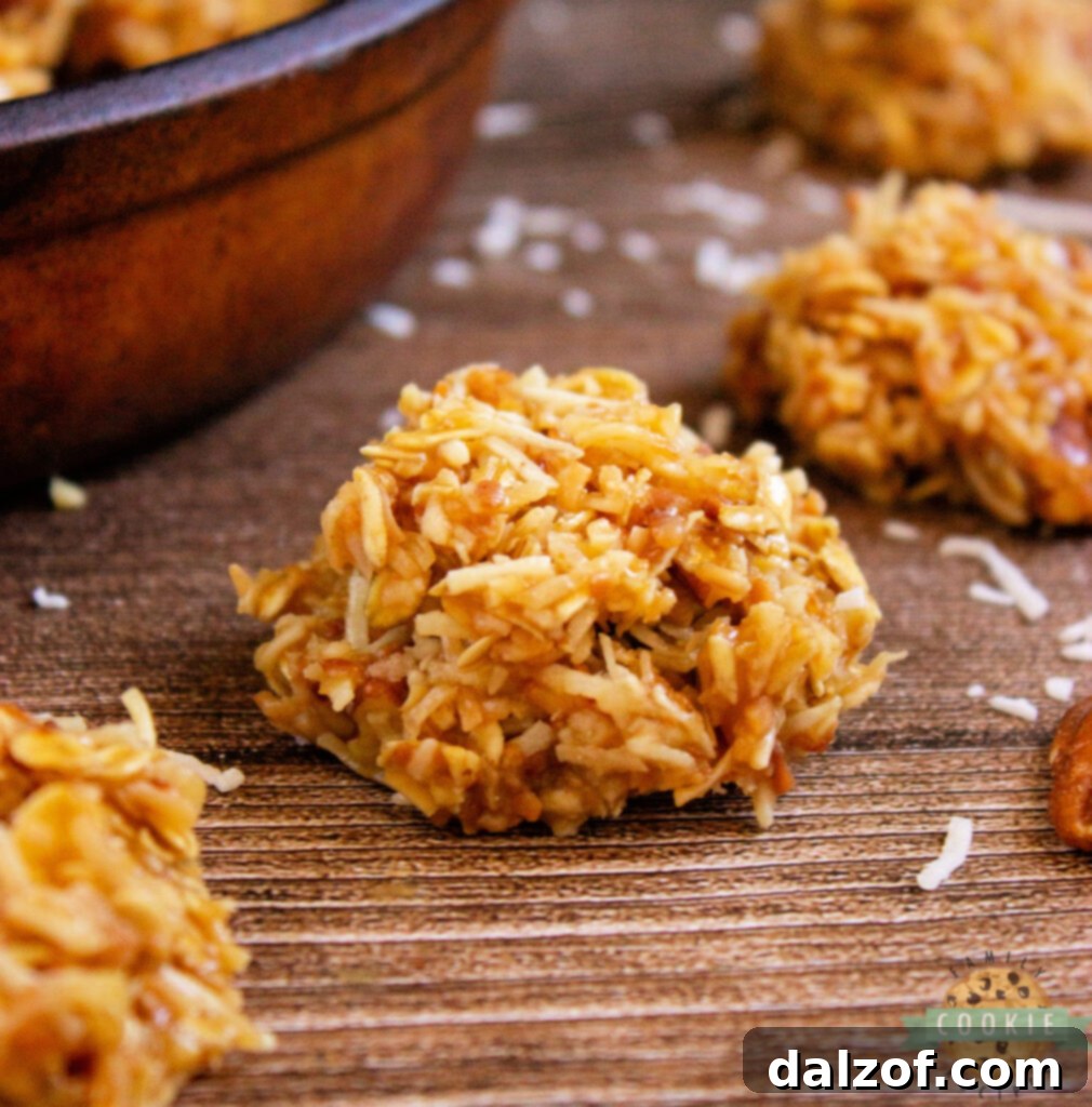 Decadent Caramel Coconut No-Bake Cookies, with a toasted coconut topping.