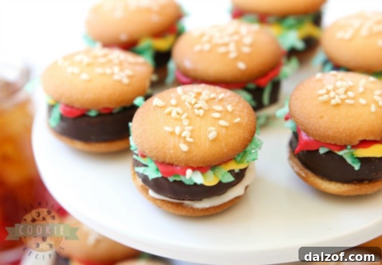 Adorable Mini Hamburger Cookies made from Nilla Wafers and York Peppermint Patties.