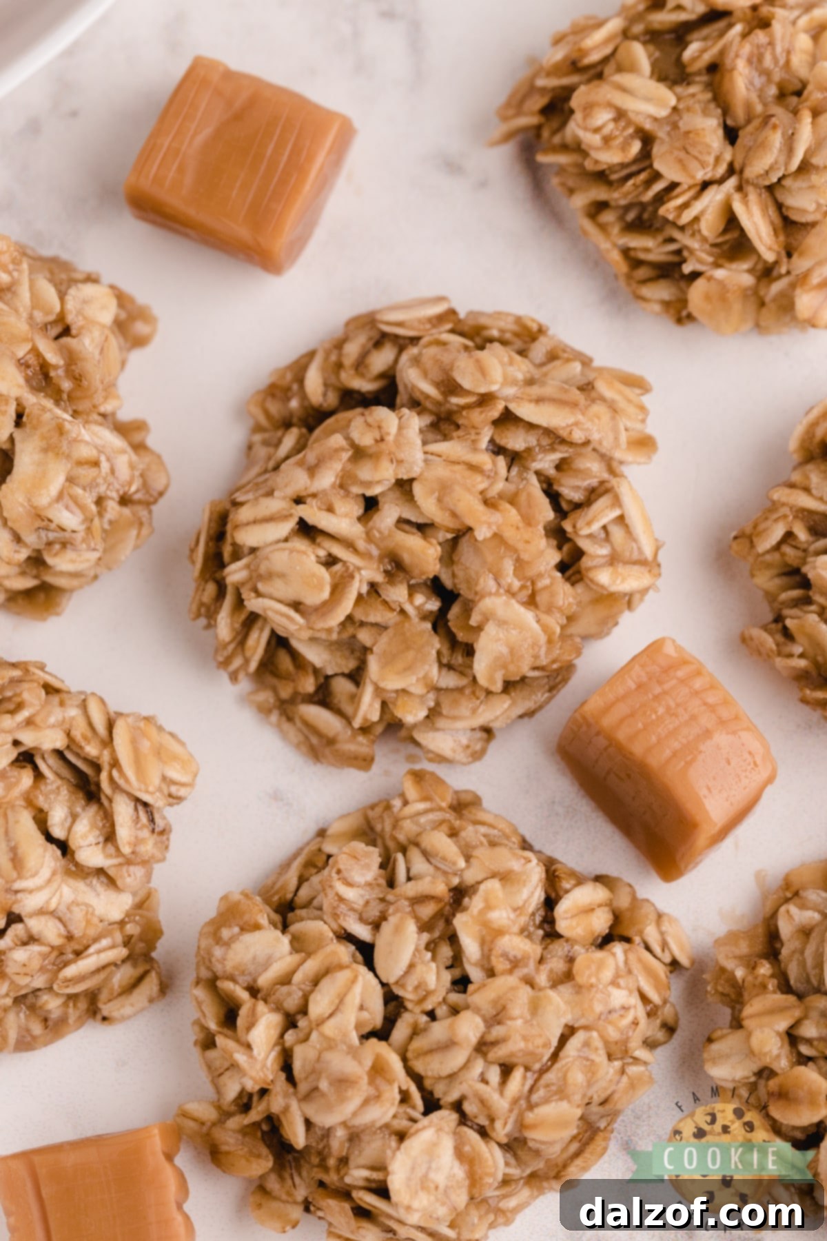 Delicious Caramel Oatmeal No-Bake Cookies, showing their rich caramel coating.