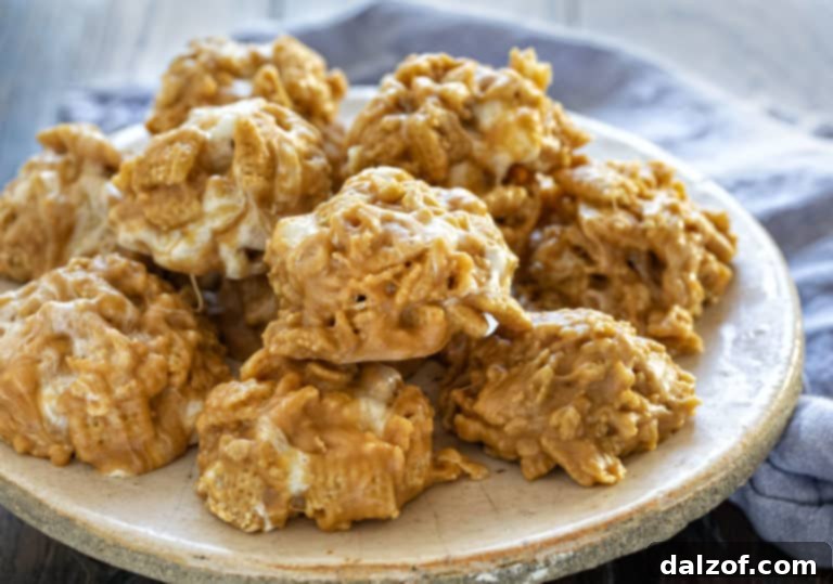 A plate of No-Bake Chex Cookies, showcasing their unique texture with Chex cereal and marshmallows.