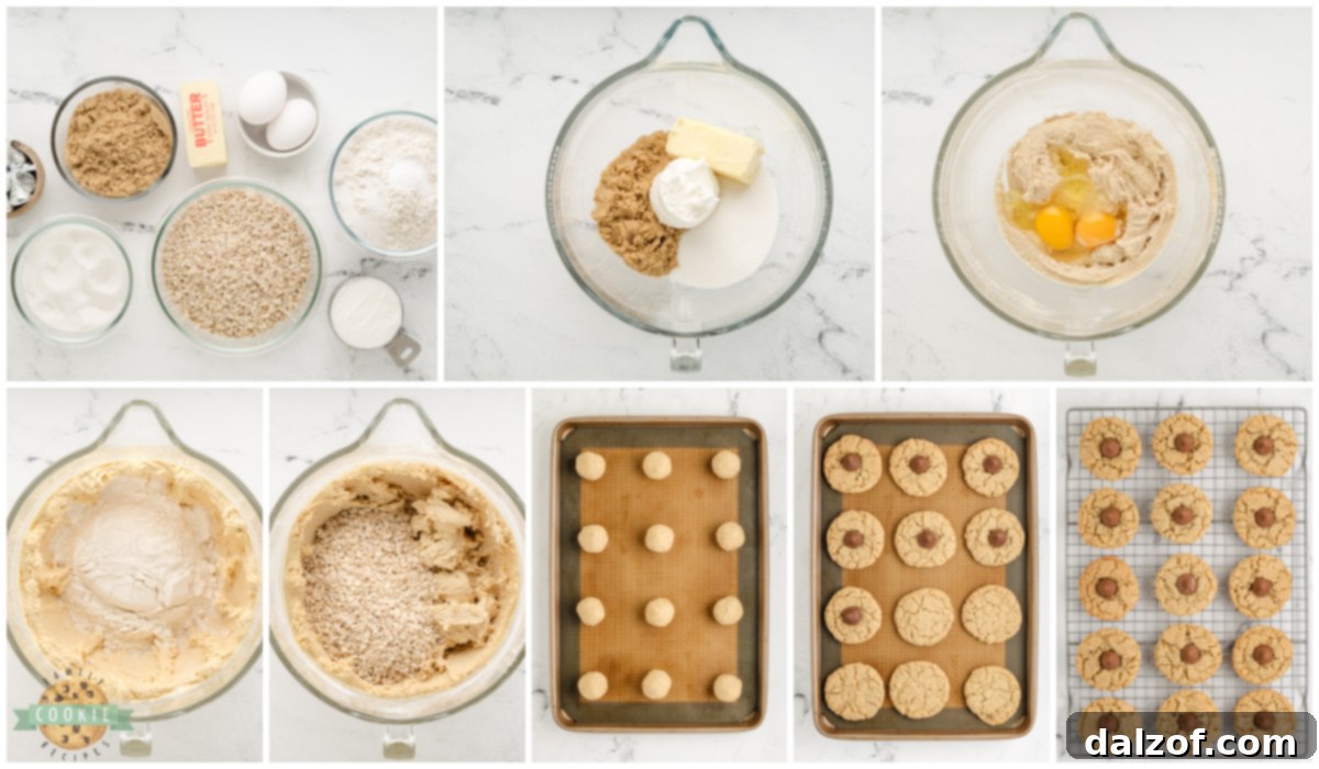 A visual step-by-step guide to making Oatmeal Kiss Cookies, showing ingredients, mixing, dough balls, and baked cookies with chocolate kisses. Perfect for beginners.