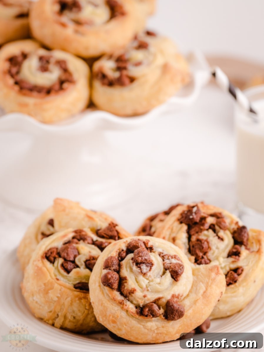 Close-up of Chocolate Chip Puff Pastry Cookies with cream cheese filling