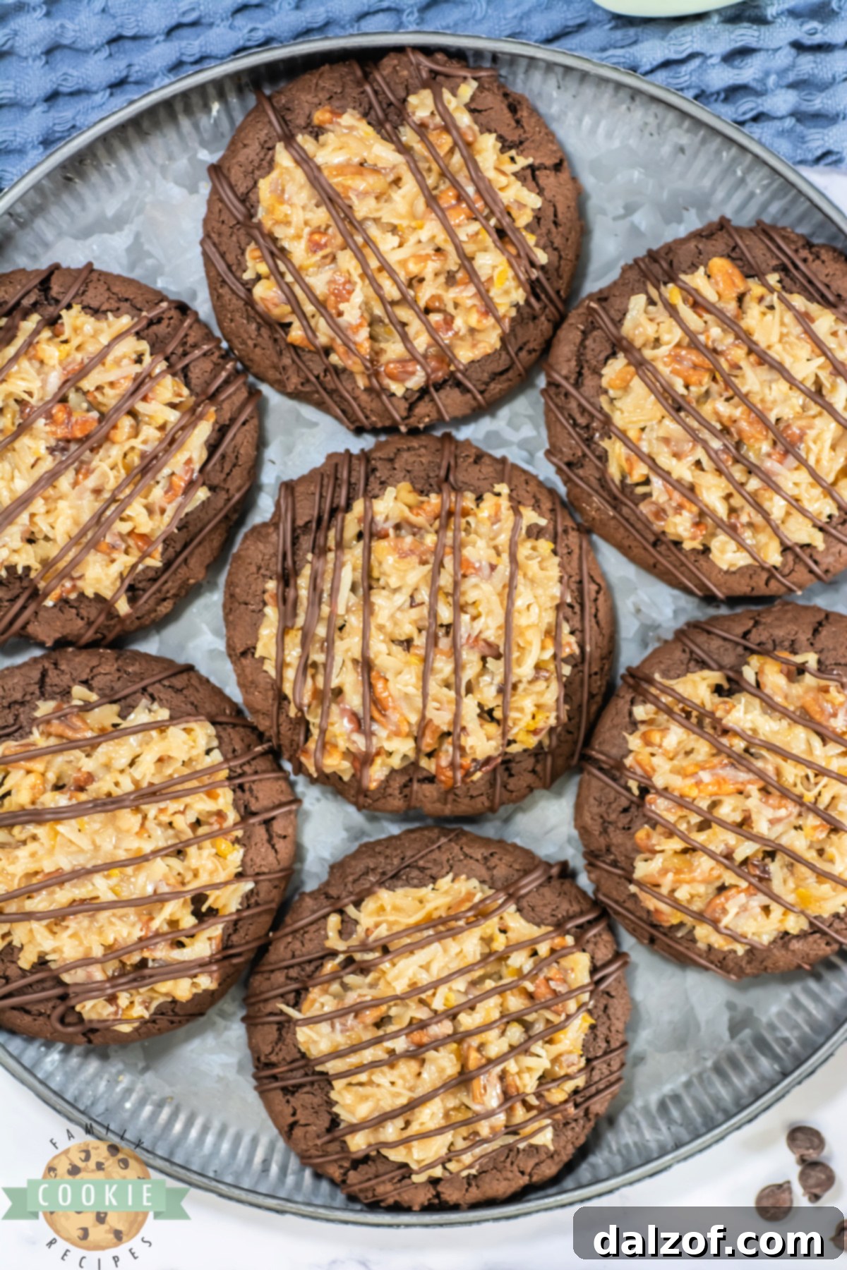 Chocolate cookies topped with a coconut and pecan topping.