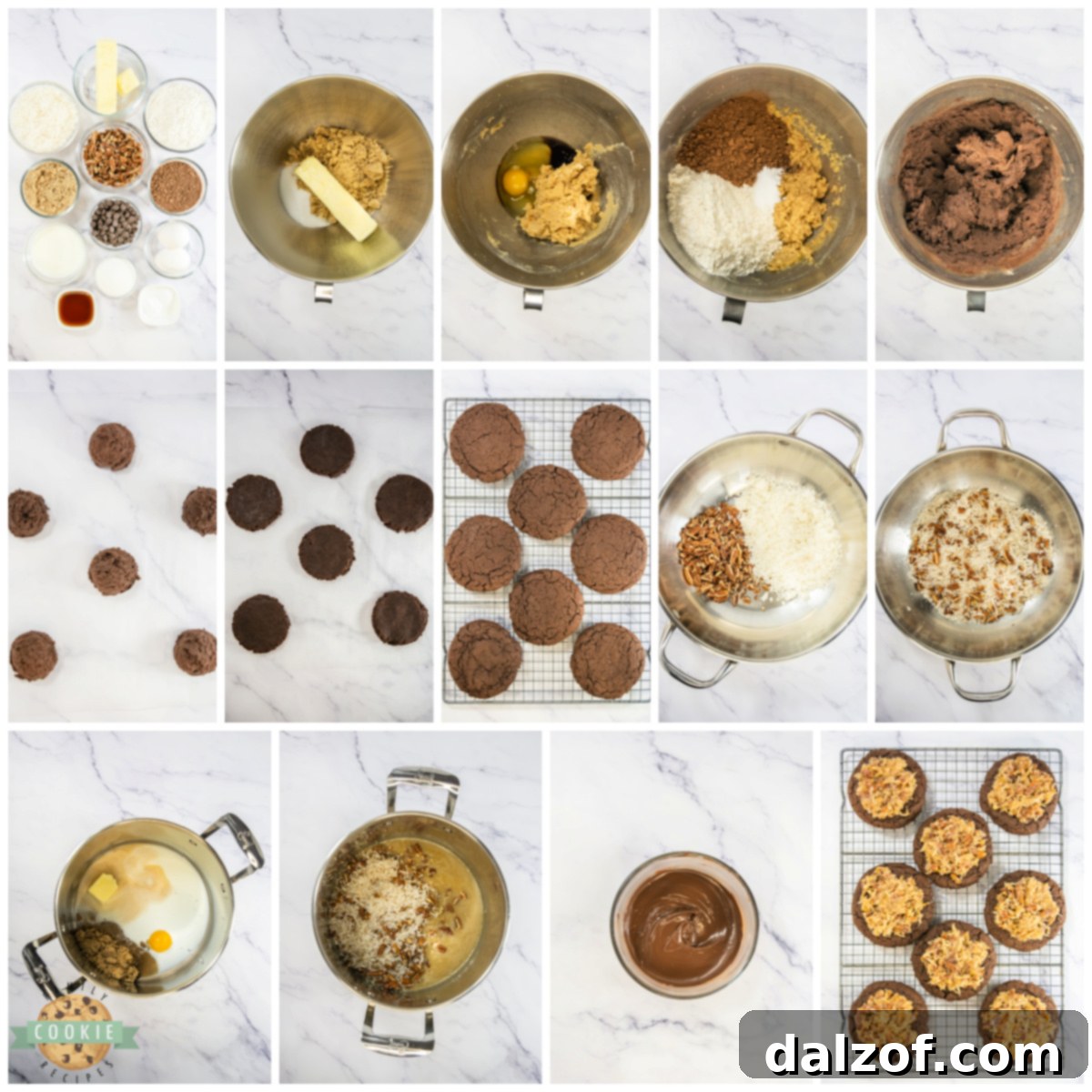 Step by step instructions on how to make Copycat Crumbl German Chcoolate Cake Cookies.