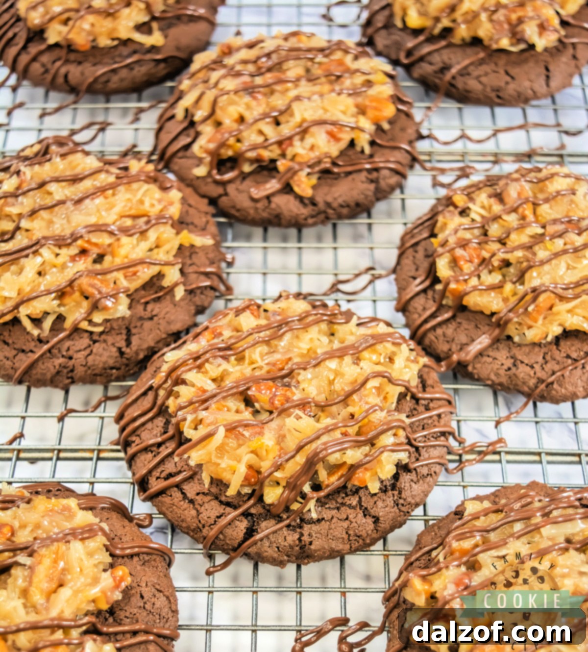 Crumbl Copycat German Chocolate Cake Cookies are rich, soft chocolate cookies topped with gooey coconut pecan frosting and a sweet drizzle.