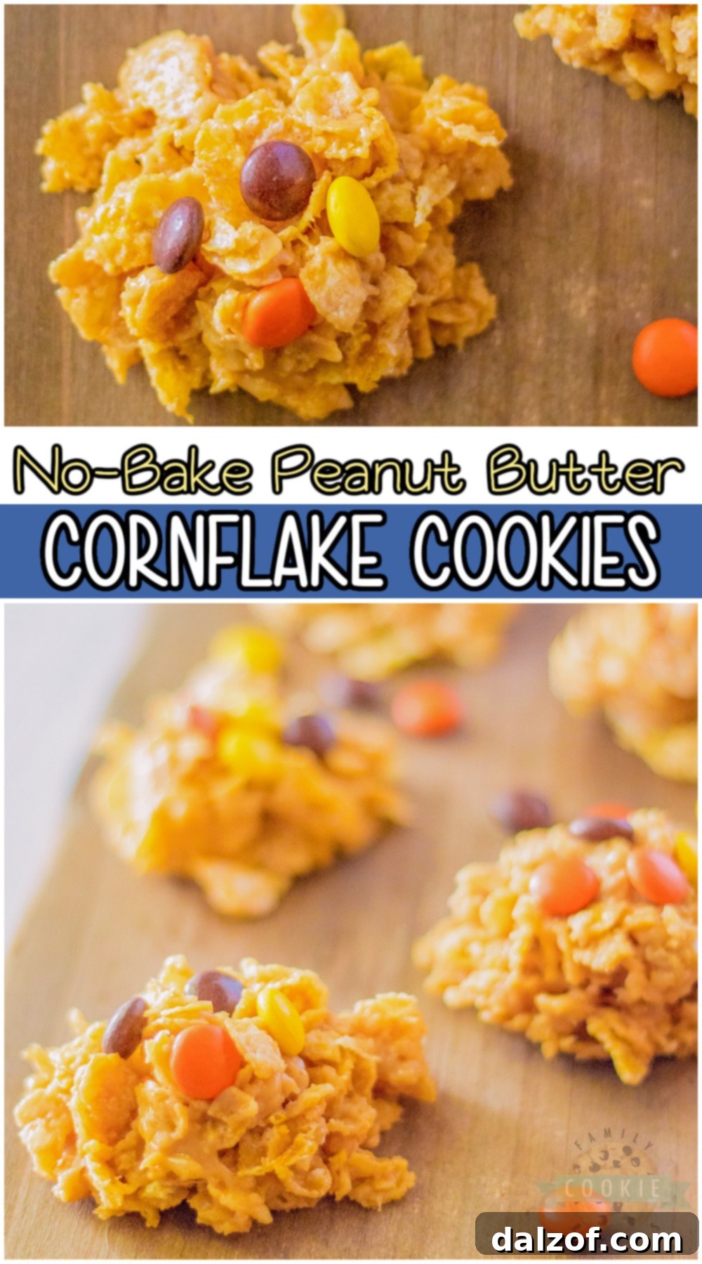 Recipe pin for No Bake Reese's Peanut Butter Cornflake Cookies, showing the finished product