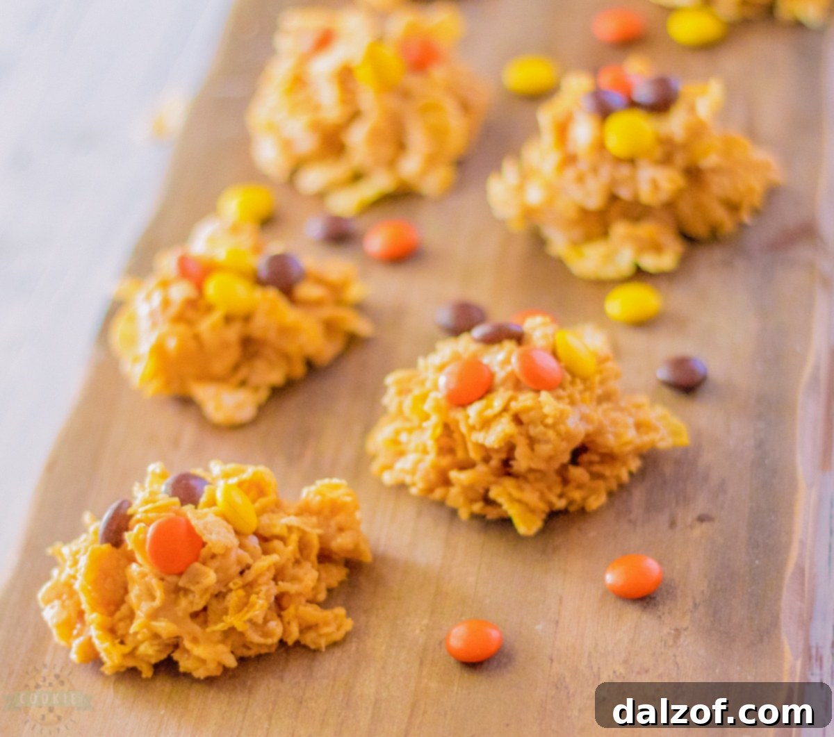 Close-up of crispy no-bake cornflake cookies adorned with colorful Reese's Pieces