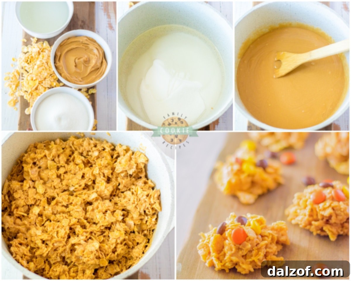 Step-by-step guide showing how to prepare no-bake cornflake cookies