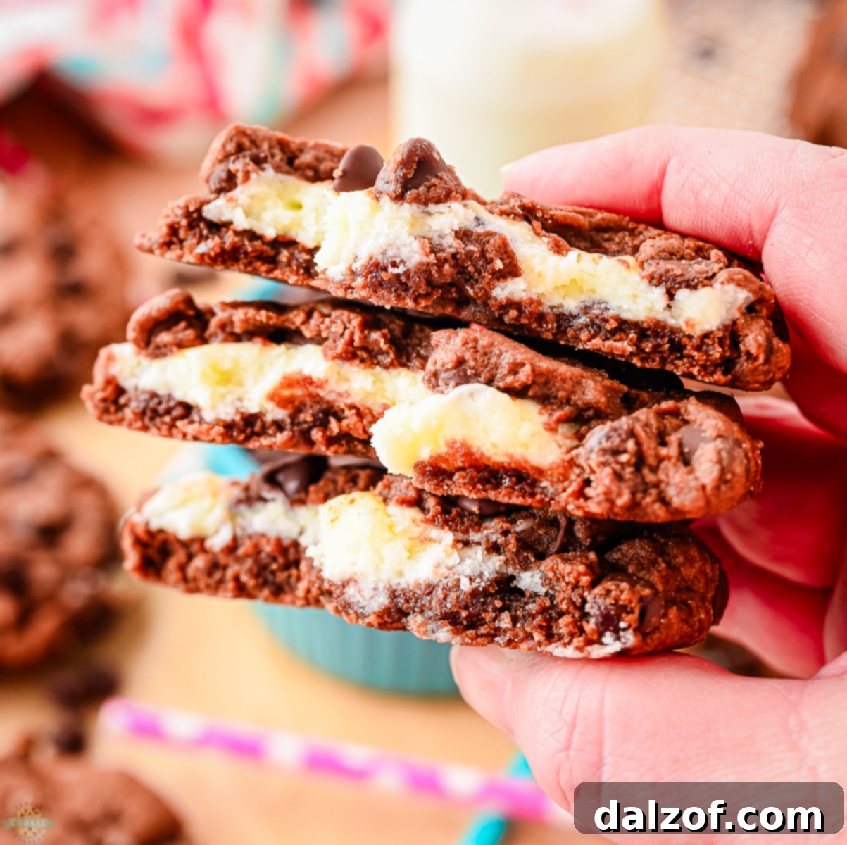 Three broken cream cheese and chocolate cookies, showing the creamy filling and chocolate chips.