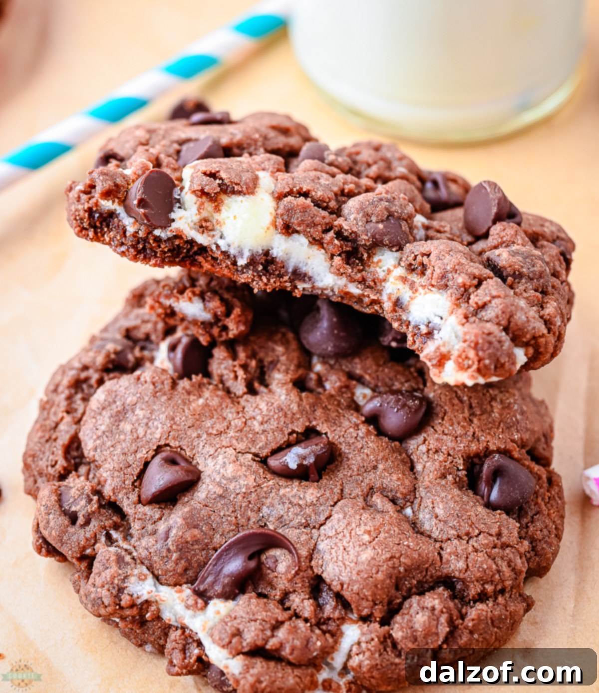 A cream cheese and chocolate cookie with a bite taken out, revealing the creamy white filling.