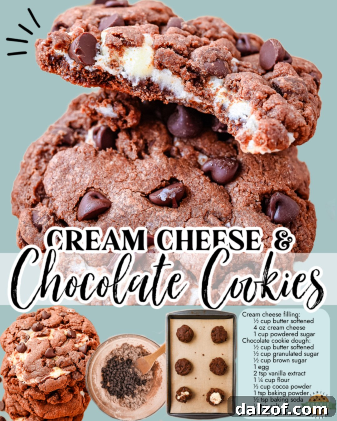 A stunning stack of Cream Cheese and Chocolate Cookies with two types of chocolate, showcasing their bakery-style appearance and generous cream cheese filling.