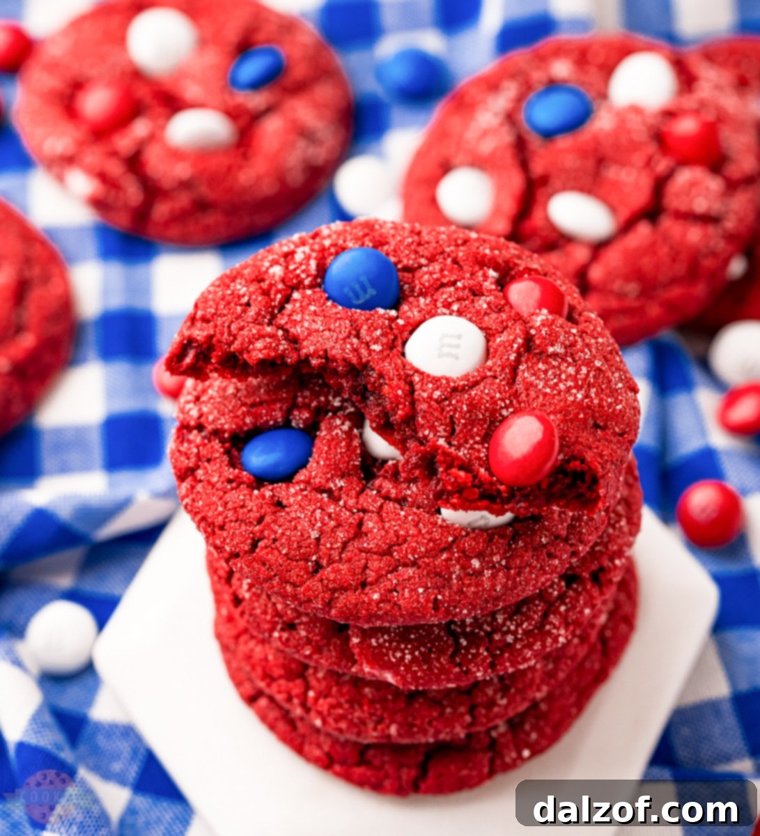Delicious red velvet cake mix cookies with patriotic M&Ms for 4th of July