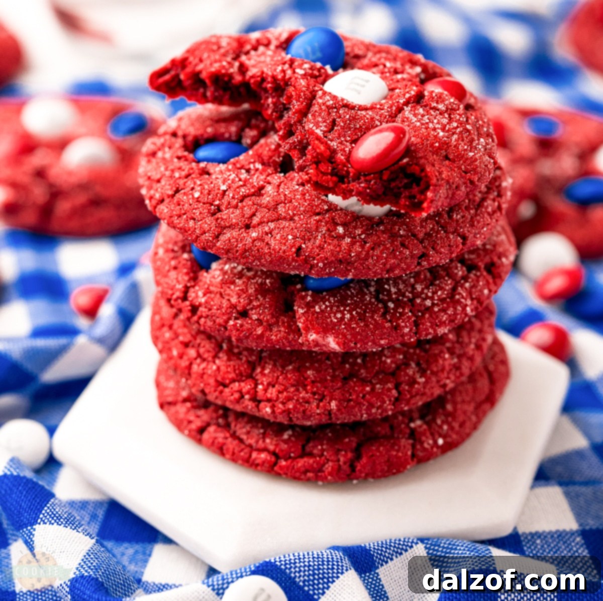 Platter of freshly baked red velvet cake mix cookies with red, white, and blue M&Ms