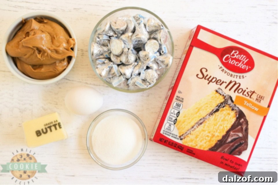 Ingredients for easy Cake Mix Peanut Butter Blossom Cookies laid out on a kitchen surface
