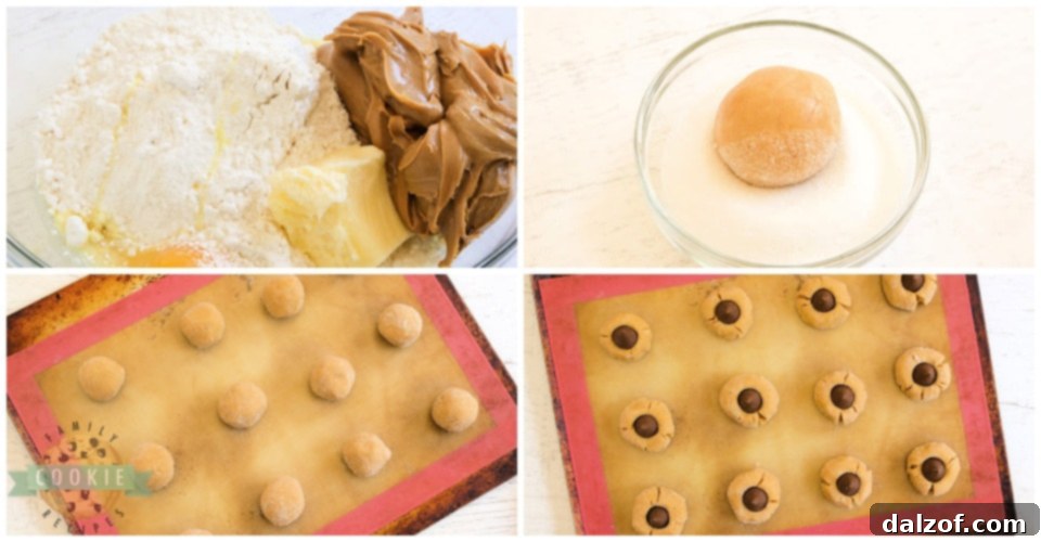 Step-by-step process of mixing ingredients and forming dough balls for Cake Mix Peanut Butter Blossoms