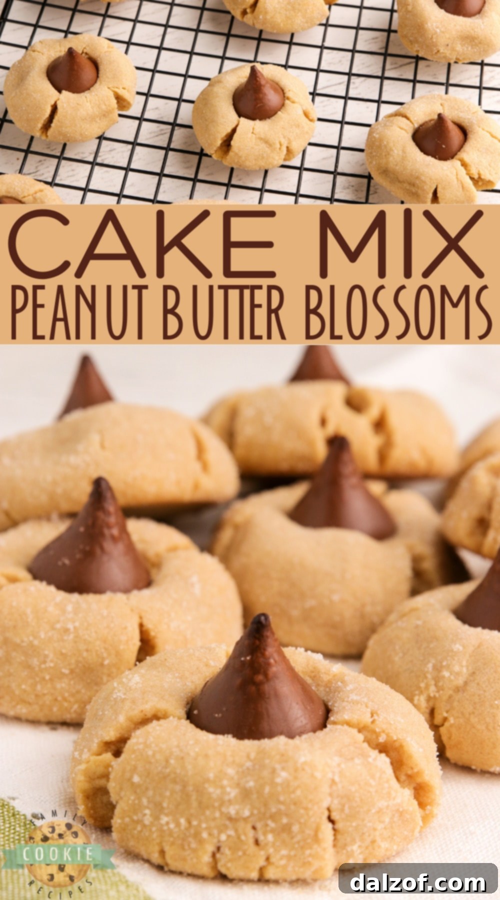 A close-up of beautifully stacked Cake Mix Peanut Butter Blossoms, showcasing their soft texture and chocolate centers