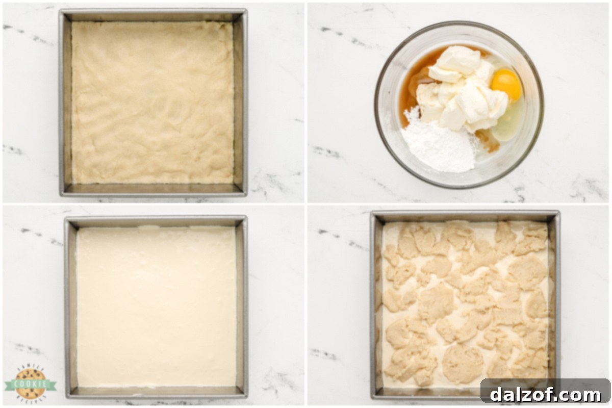 Step by step instructions on how to make Cheesecake Sugar Cookie Bars, showing mixing and layering.