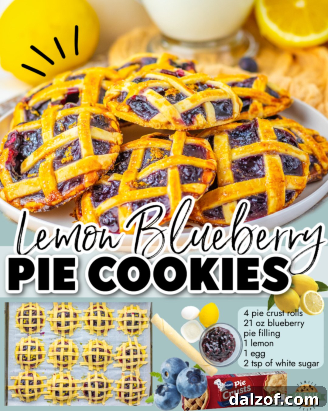 Lemon Blueberry Pie Cookies made with pie crust, blueberry filling & lemon zest for a tasty & super cute lattice topped mini pie, in cookie form!