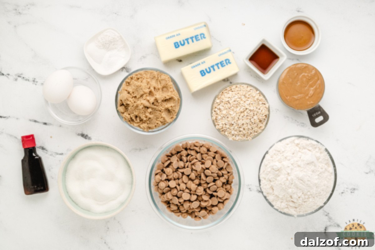 Ingredients in Crunchy Peanut Butter Cookies, including butter, peanut butter, sugars, egg, vanilla, flour, oats, baking soda, and Grape Nuts cereal.