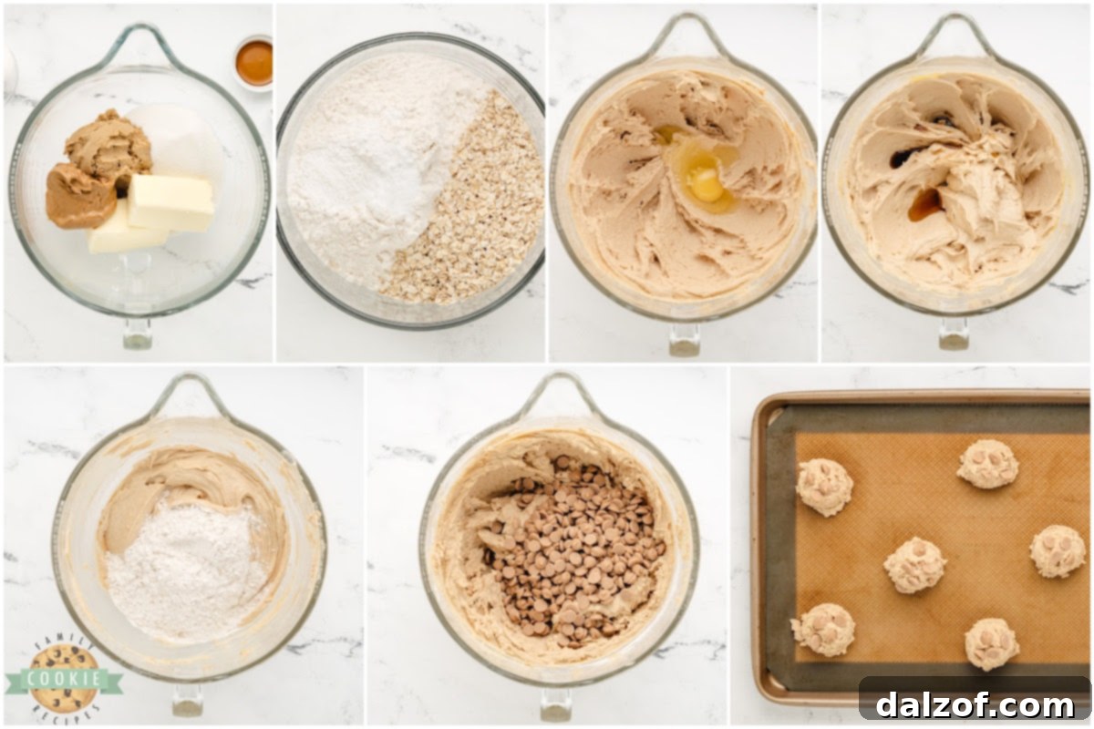 Step by step instructions on how to make Crunchy Peanut Butter Cookies, showing dough preparation and scooping.