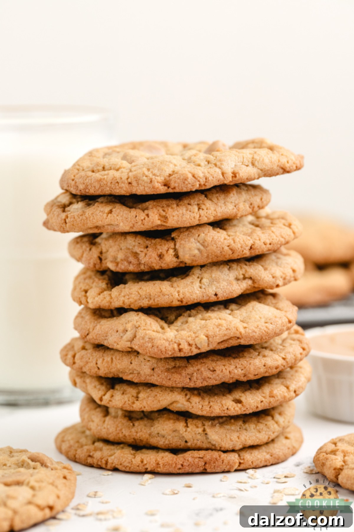 Stack of freshly baked Crunchy Peanut Butter Cookies with oats and Grape Nuts.