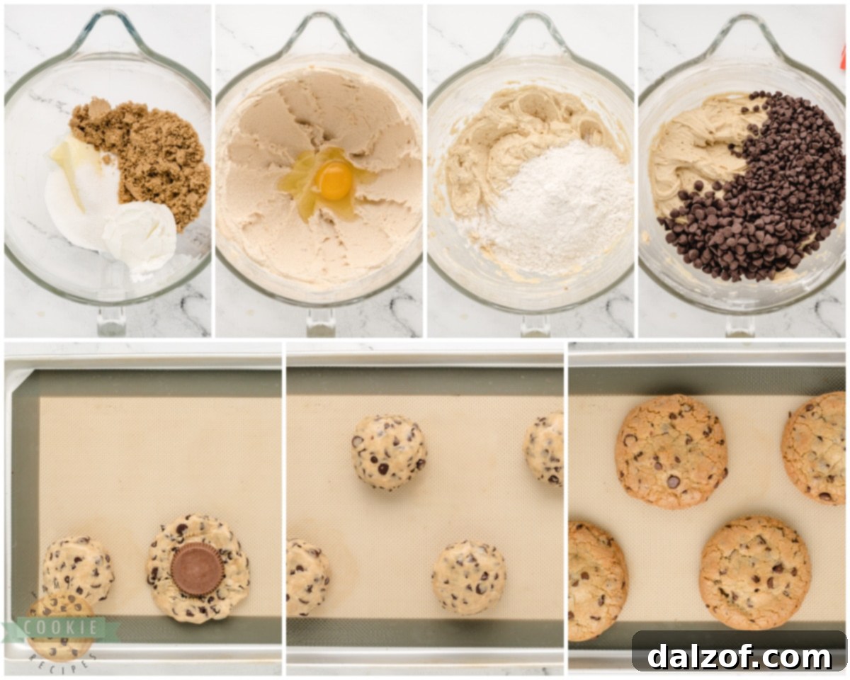 Step-by-step process showing how to stuff chocolate chip cookie dough with a Reese's Peanut Butter Cup, forming a perfect cookie ball.