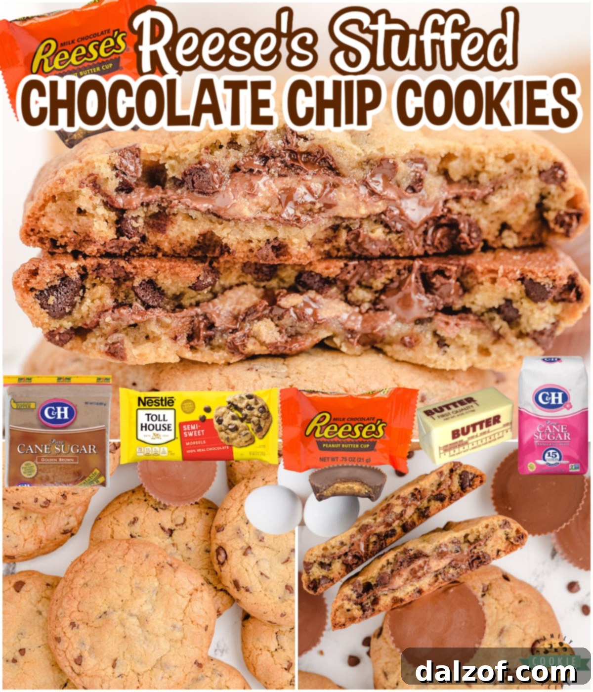 An enticing collage of Reese's Peanut Butter Cup stuffed chocolate chip cookies, highlighting their golden texture and chocolatey goodness, perfect for a fun twist on a classic dessert.