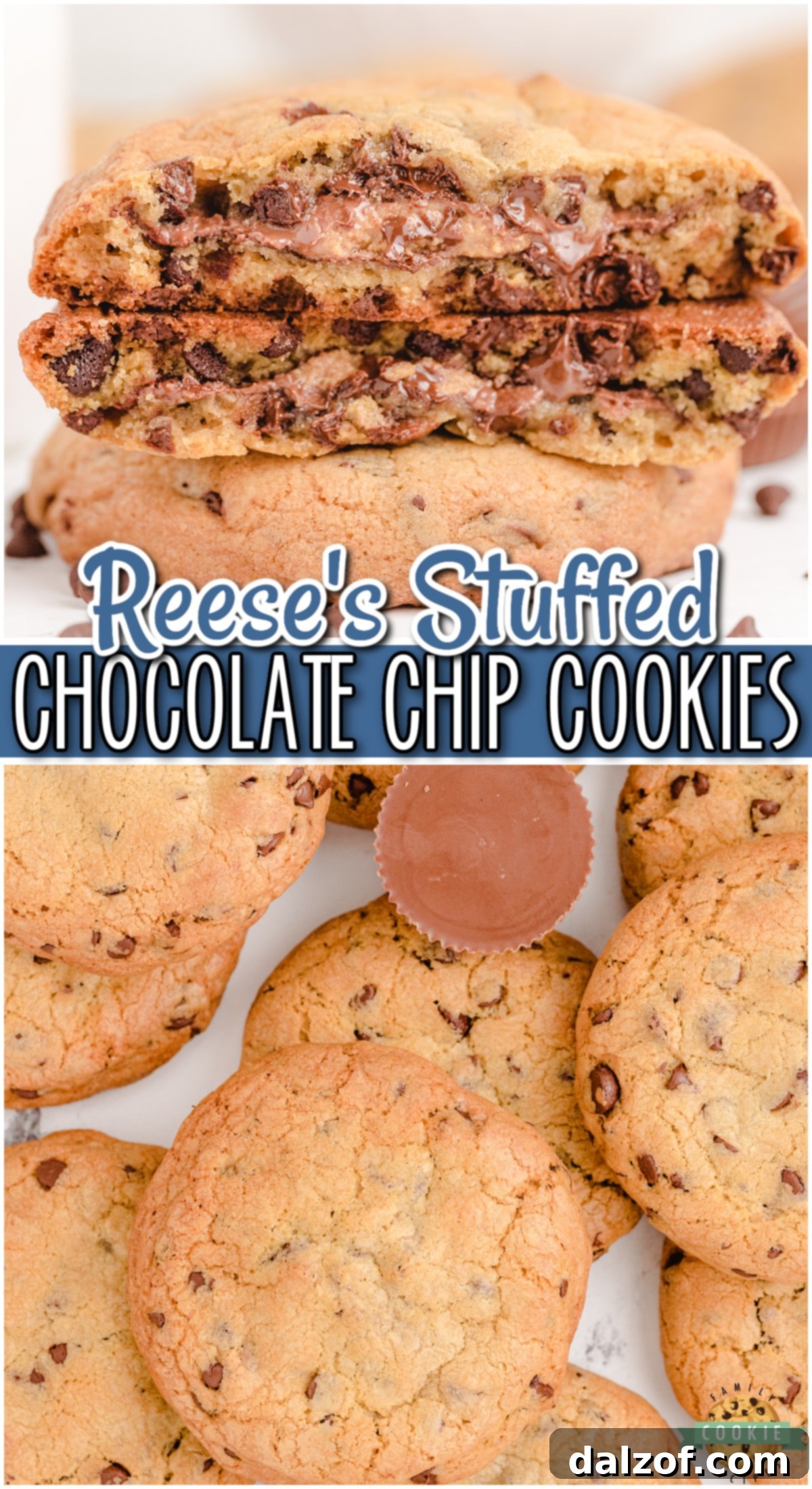 Delicious and indulgent chocolate chip cookies, each generously stuffed with a Reese's Peanut Butter Cup, making a perfect sweet treat for any occasion or a fun twist on a classic.