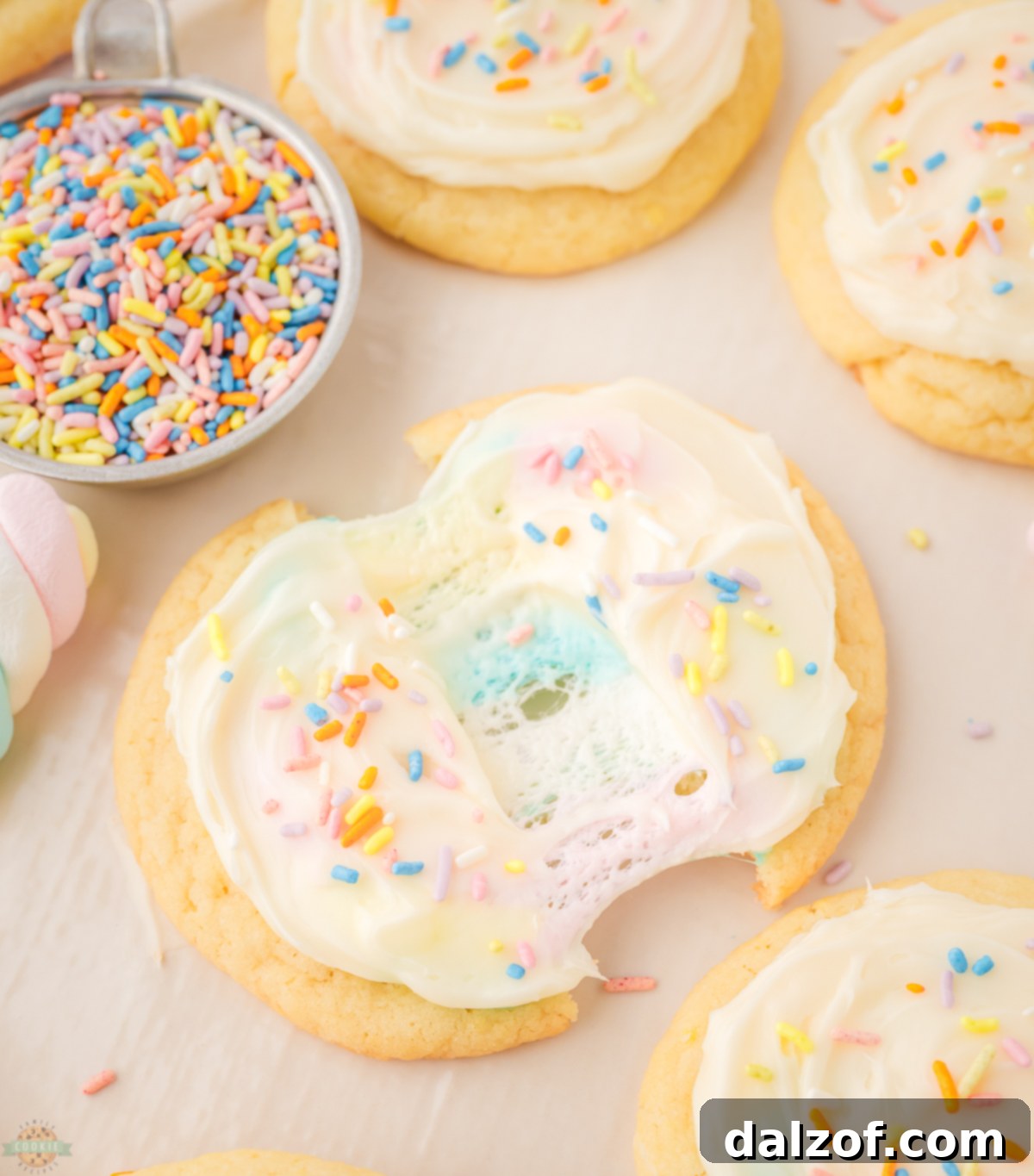 marshmallow surprise cookies with frosting and colorful sprinkles