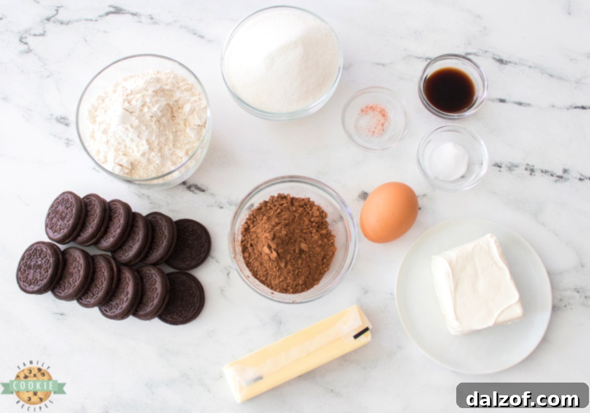A vibrant display of fresh ingredients used to make delicious Chocolate Oreo Cheesecake Cookies.