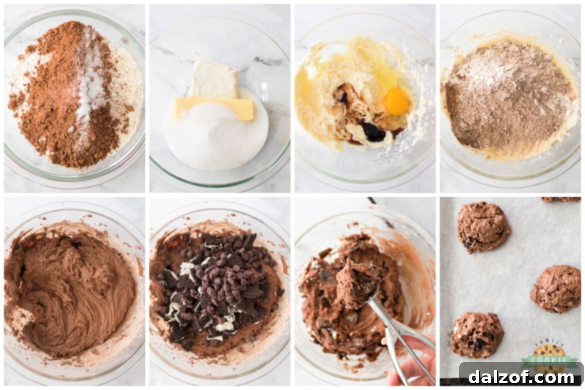 Step-by-step visual guide demonstrating how to perfectly bake Chocolate Oreo Cheesecake Cookies.