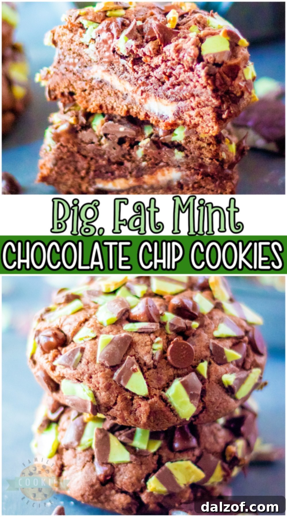 A collage of three images showing the process and final product of Big, Fat Mint Chocolate Chip Cookies, perfect for Pinterest.
