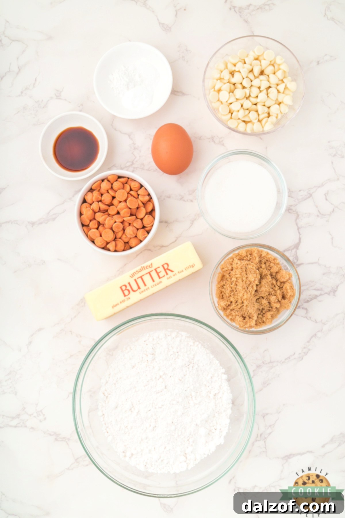 The Ultimate Salted Caramel White Chocolate Chip Cookie 3 Ingredients for Salted Caramel White Chocolate Chip Cookies, featuring flour, sugars, butter, eggs, and chips.