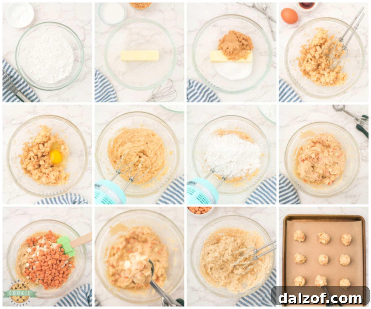 The Ultimate Salted Caramel White Chocolate Chip Cookie 4 Step-by-step instructions for making Salted Caramel White Chocolate Chip Cookies, showing mixing and scooping dough.